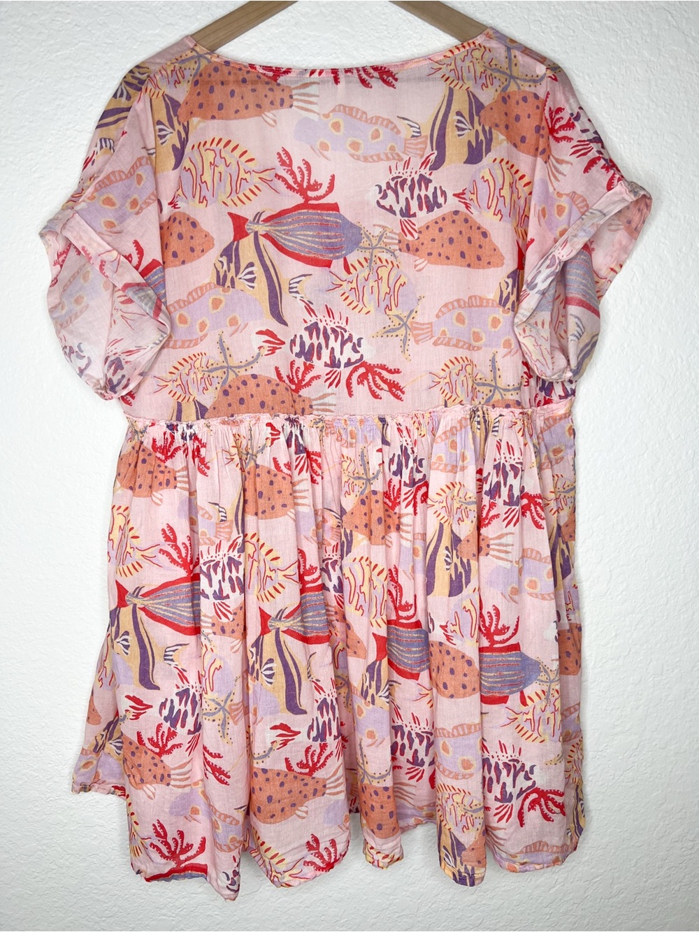Free People Oceana Mini Dress Pink Fish Print Babydoll Button Up size Small - Picture 5 of 9